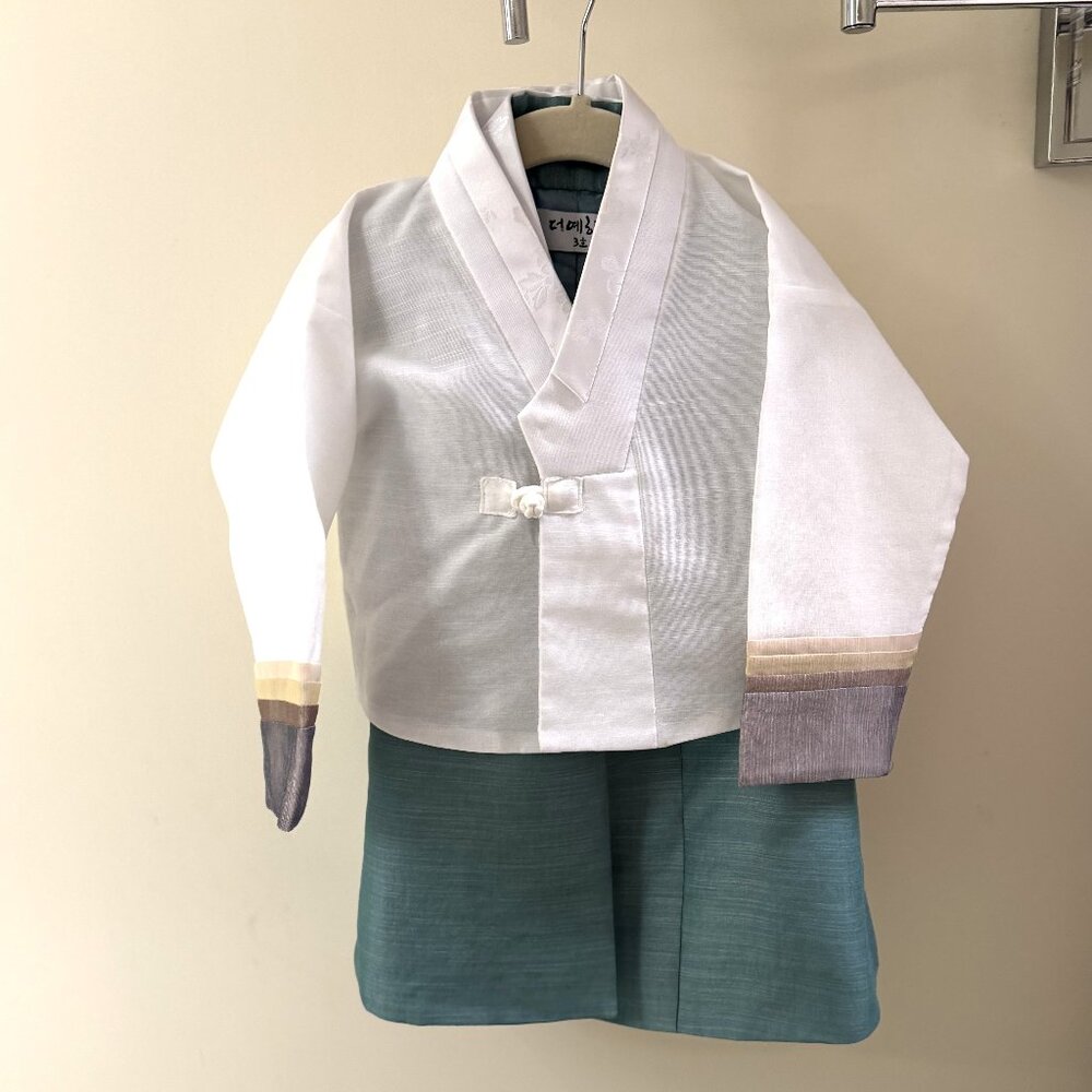 Hanbok for Boys Size 3 - Korean Traditional Outfit White and Teal Bue